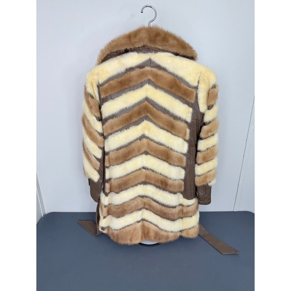 Vintage Goldstein's Fur Leather Coat Women Mink Chevron Belted Brown Cream - Picture 5 of 8